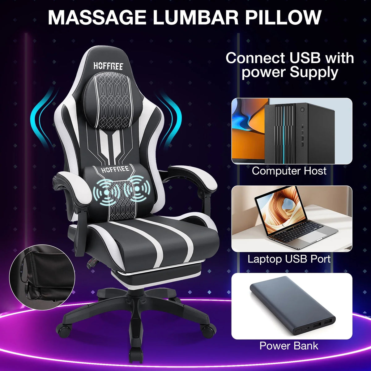 HOFFREE Big and Tall Gaming Chair with Speakers and RGB Lights, Gamer Chair with Footrest, Lumbar Support Height Adjustable 360-Swivel Seat and Headrest for Adults, 400lbs