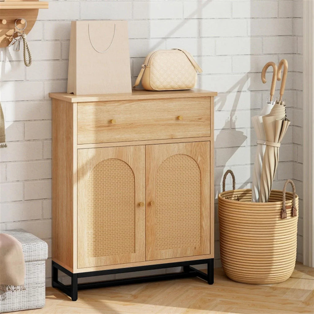 Finihen Accent Floor Storage Cabinet with Rattan Doors, Bathroom Cabinet with Large Drawer, Freestanding Storage Cabinet Organizer, Beige