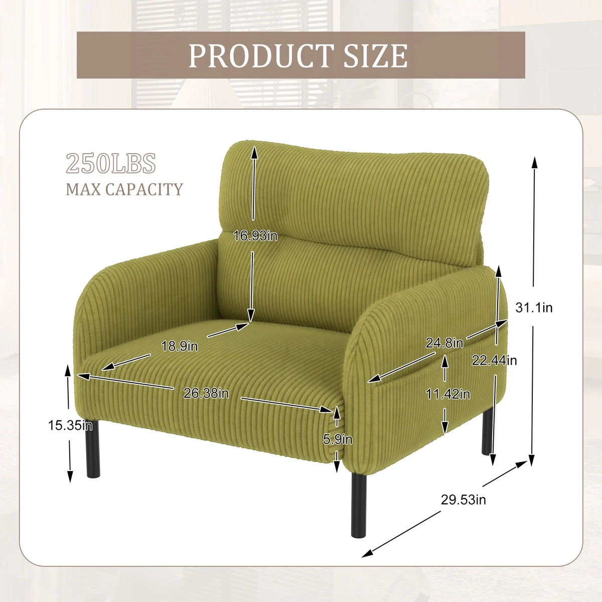 Modern Accent Chair,Armchair,Corduroy Fabric Sofa Chairs,Upholstered Armchair for Living Room,Bedroom,Office,Olive Green