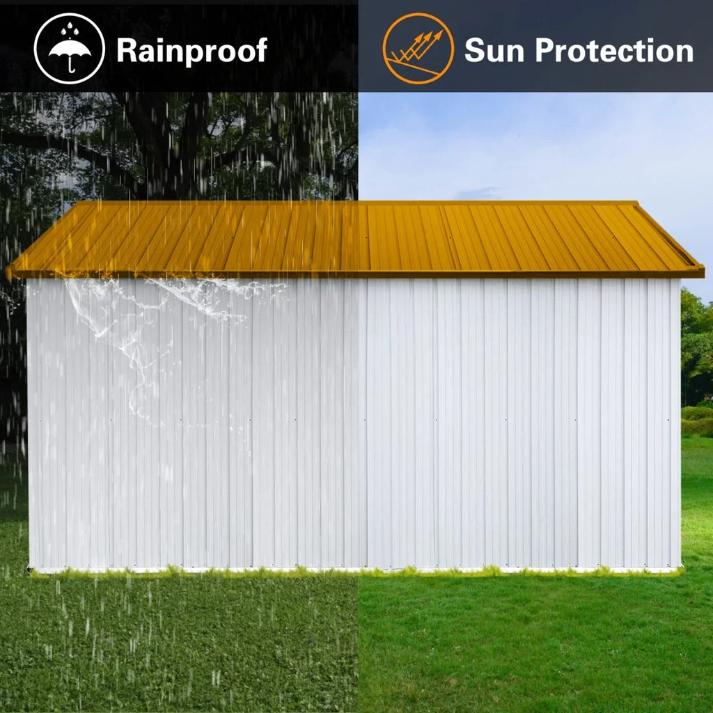 10x12 FT Outdoor Storage Shed, Metal Garden Tool Shed with Vents, Window and Bulit-in Hooks, Waterproof Organization for Home/Backyard/Garden Tools/Lawn Storage, Yellow+White
