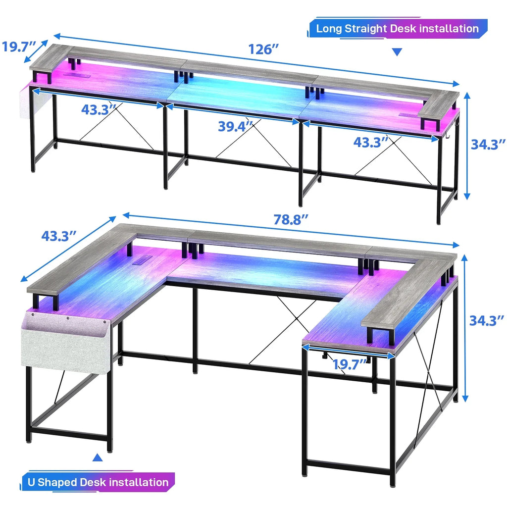 Yesfashion U Shaped Computer Gaming Desk, Reversible L Shaped Desk with Power Outlets, LED Strip & Monitor Stand, Large Corner Desk with Storage Shelves
