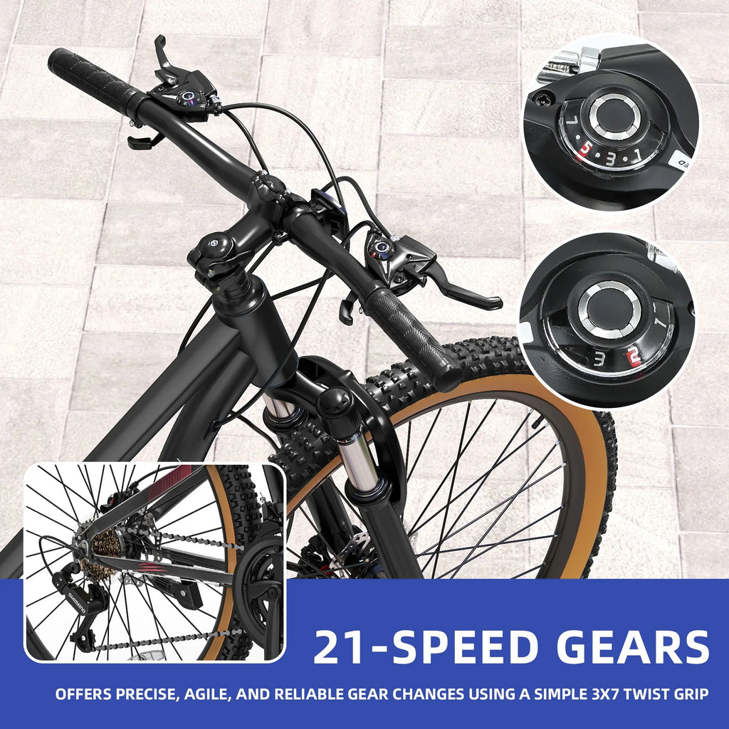 ModFusion 26-Inch Aluminum Alloy Mountain Bike, 21-Speed, Disc Brakes, Black with Brown Tires, 85% Assembled
