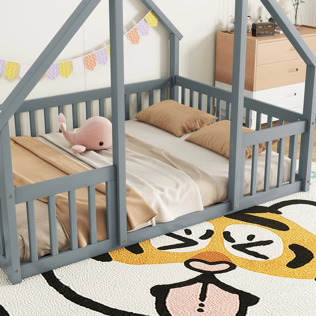 Bellemave Twin Size Floor Bed Frame, Wooden House Bed Twin Size with Fence, Montessori Bed with Guardrails for Bedroom (White)