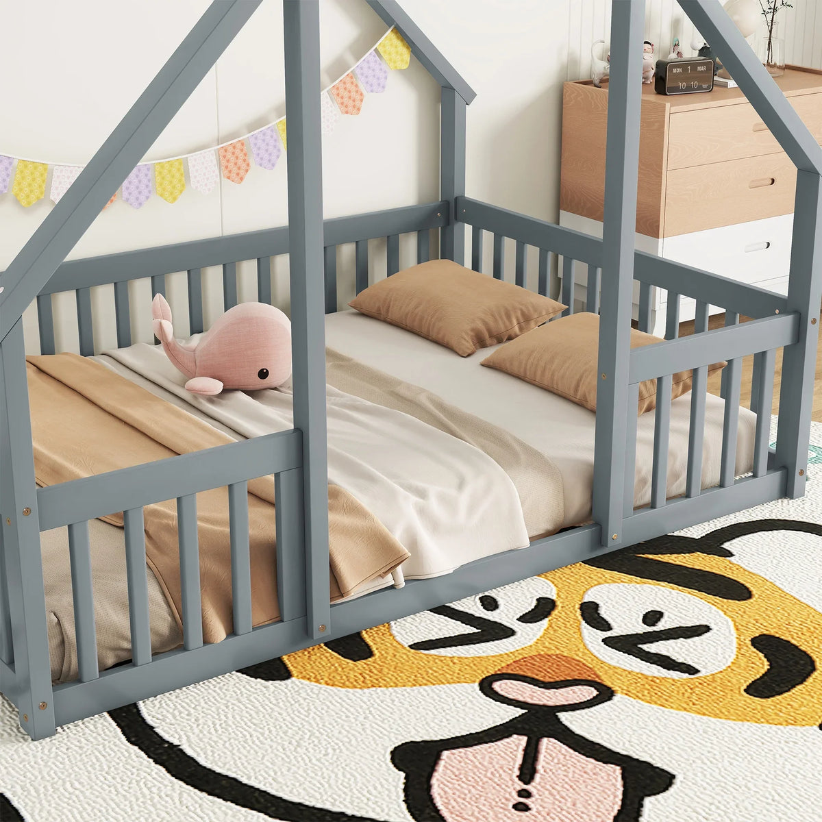 Bellemave Twin Size Floor Bed Frame, Wooden House Bed Twin Size with Fence, Montessori Bed with Guardrails for Bedroom (White)