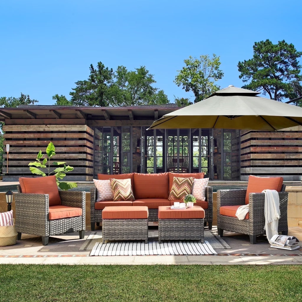 Ovios 5 Pieces Outdoor Patio Furniture Set Wicker Rattan Outdoor Conversation Comfortable Sectional Sofa with Steel Frame, Grey