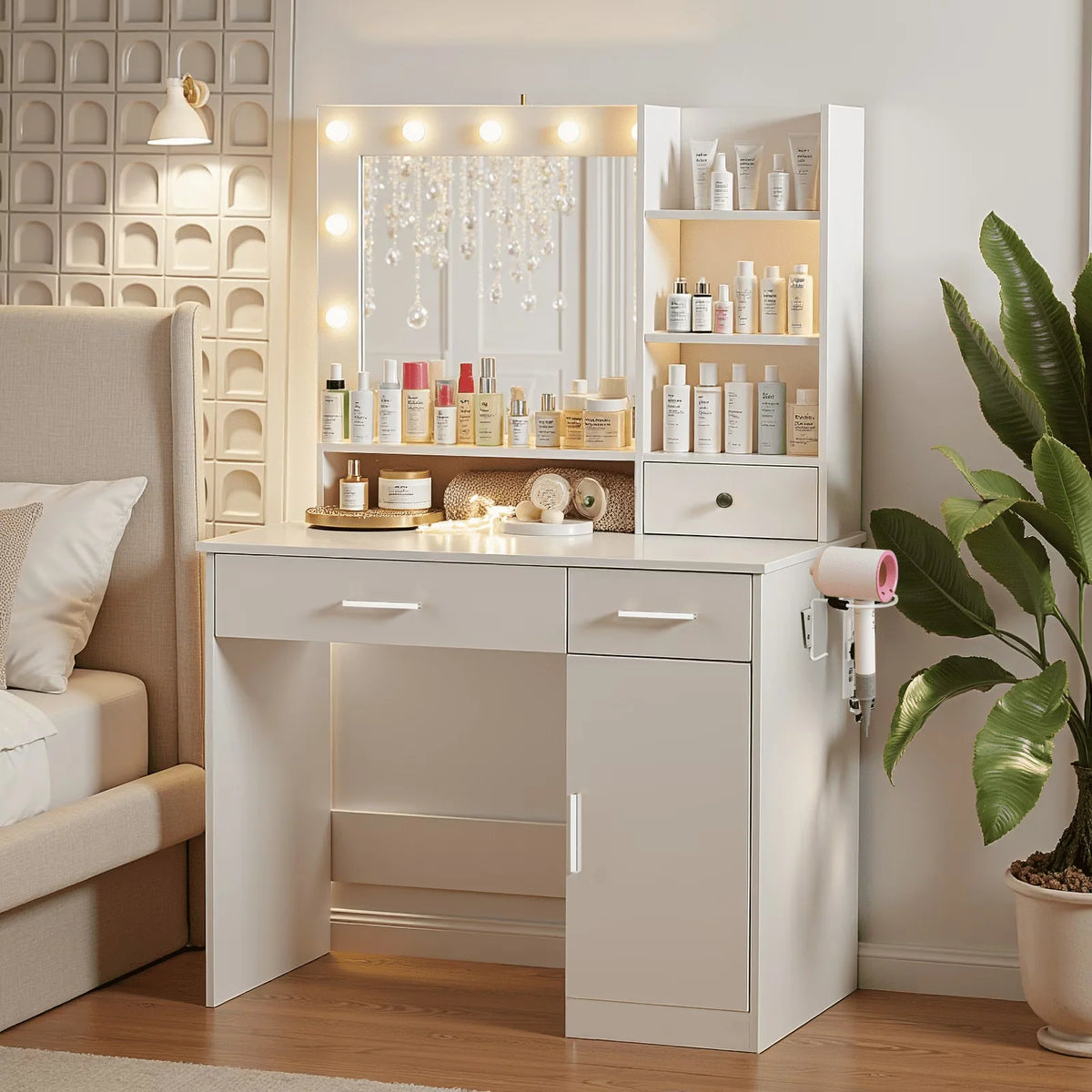 Blorly White Vanity Desk with Mirror, Makeup Vanity Table with LED Lights and Power Outlet, 3 Drawer, 4 Shelves, 1 Cabinet