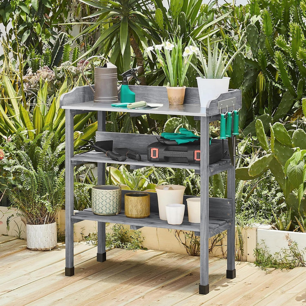 Garden Potting Table Horticulture Potting Bench w/Storage Shelf W/Metal Tabletop w/Hook 3 Shelves Workstation Work Benches Station, Gray