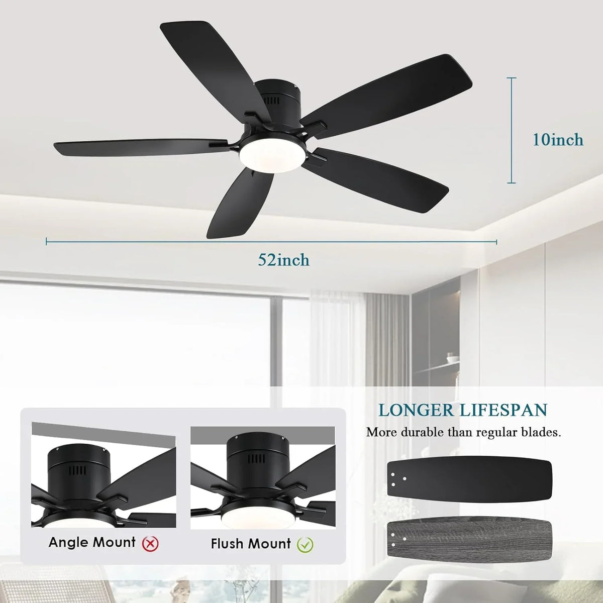 42 Inch Low Profile Ceiling Fans with Lights and Remote, Flush Mount Modern Ceiling Fan, 3 CC T DC Ceiling Fan for Bedroom, Living Room, Brushed Nickel