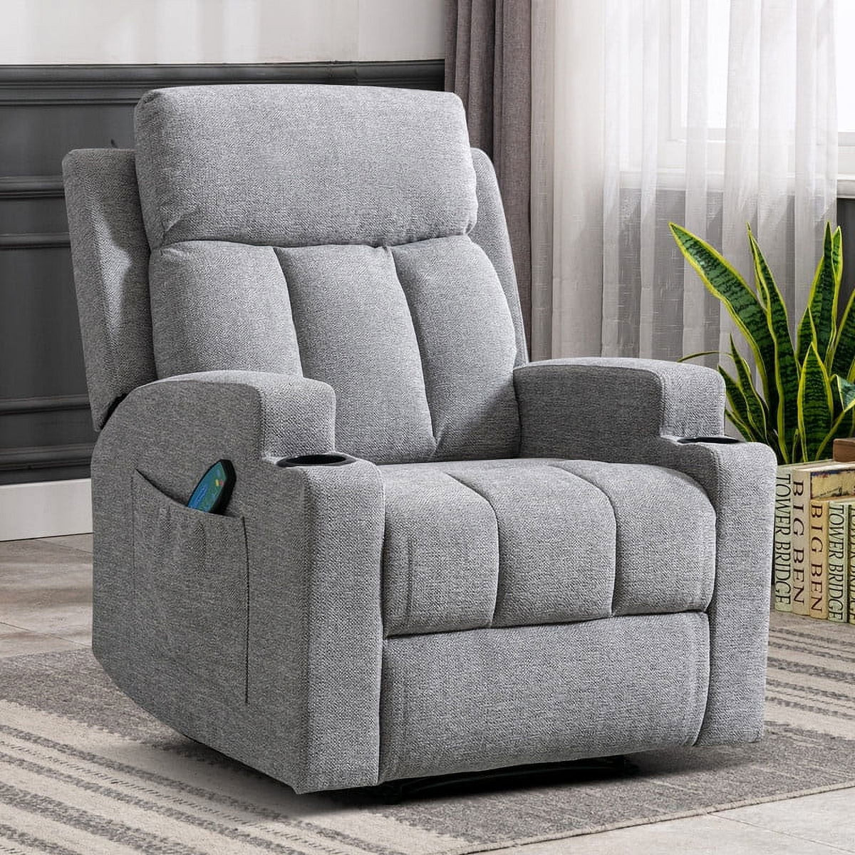Bonzy Home Heated Manual Massage Recliner with Cup Holder Padded Breathable Fabric Recliner, Home Theater Seating"Navy