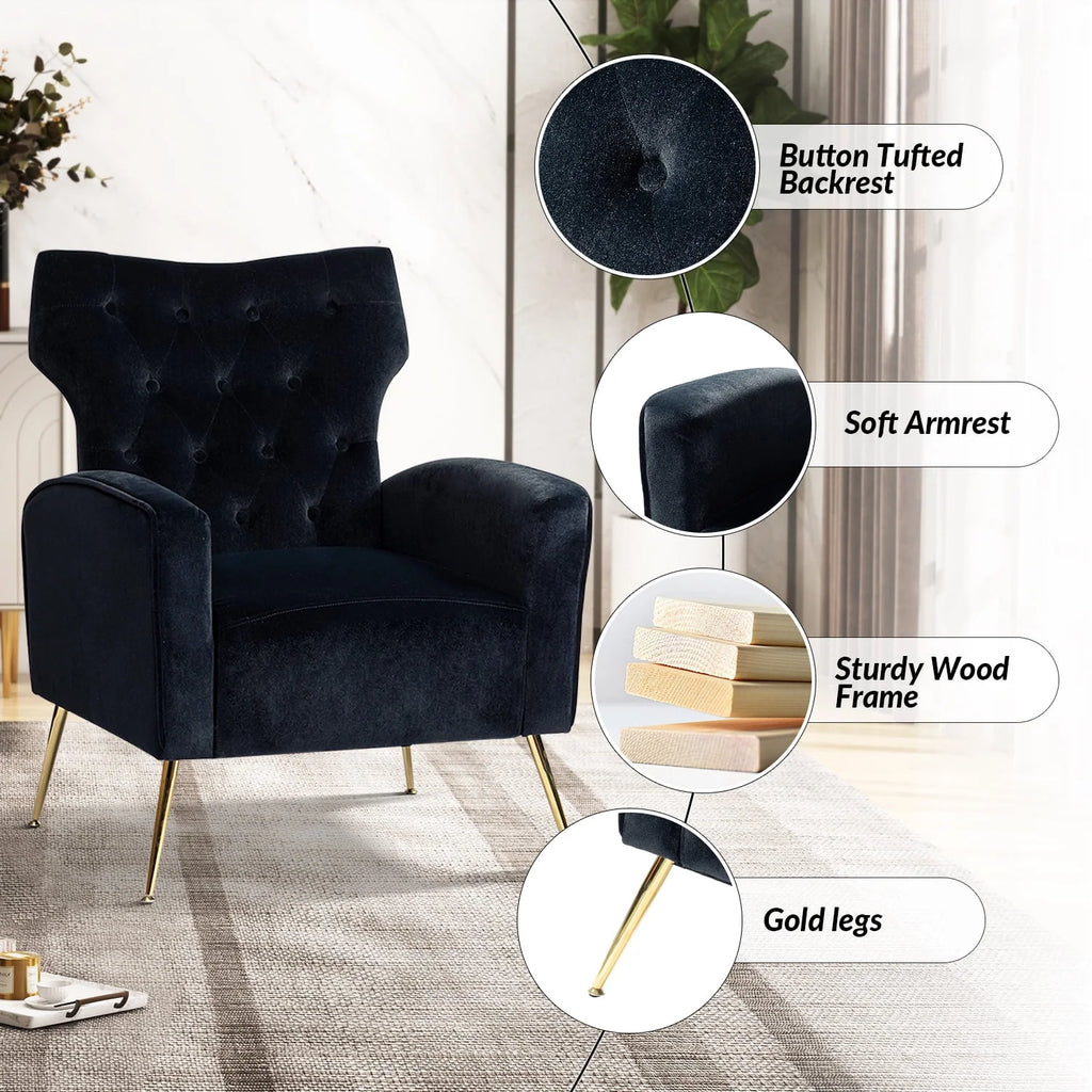 Modern Velvet Accent Chair Upholstered Sofa Armchair Button Tufted Metal Legs Adult Bedroom Home Living Room Grey