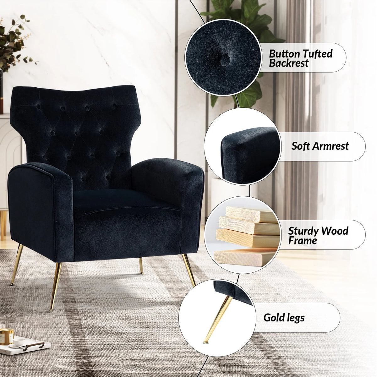 Modern Velvet Accent Chair Upholstered Sofa Armchair Button Tufted Metal Legs Adult Bedroom Home Living Room Grey