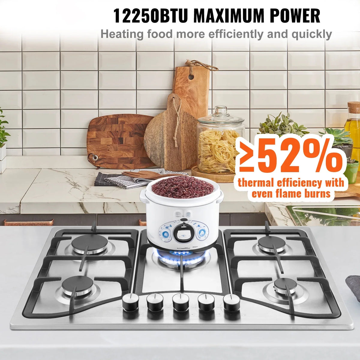 KFFKFF 30-inch Gas Range, Quintuple Burners Integrated Gas Cooktop, Peak 12250BTU NG/LPG Adaptable Stainless Steel Propane Stove, Featuring Thermocouple Safety for Outdoors, Small Living Spaces