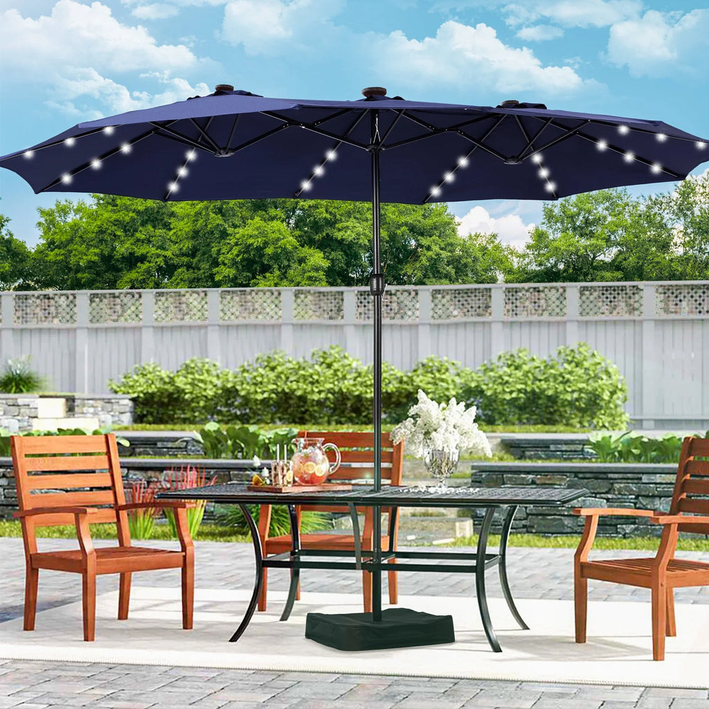 Alpha Joy 15ft Extra Large Outdoor Patio Double-Sided Umbrella with LED Solar Lights & Umbrella Base, Beige