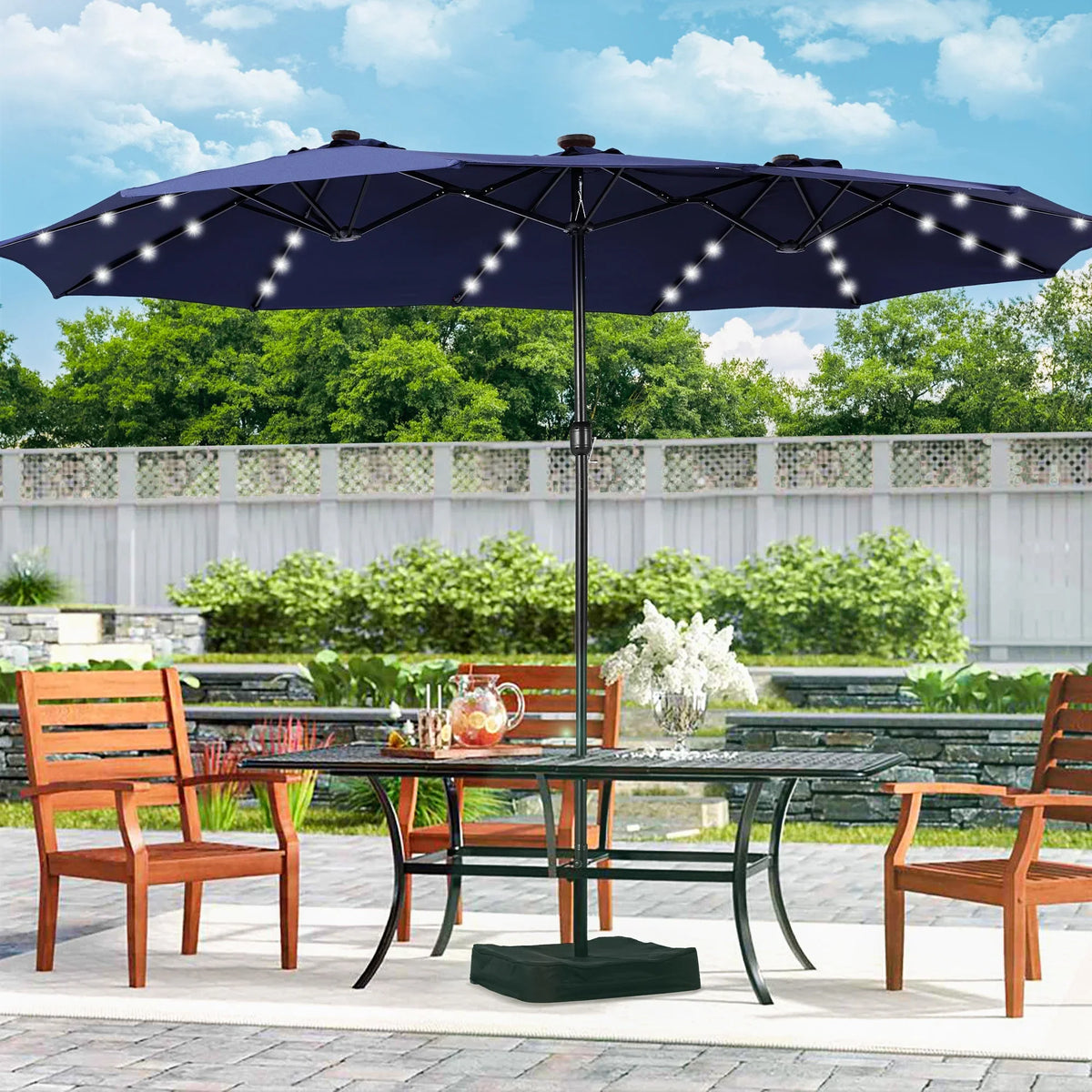 Alpha Joy 15ft Extra Large Outdoor Patio Double-Sided Umbrella with LED Solar Lights & Umbrella Base, Beige