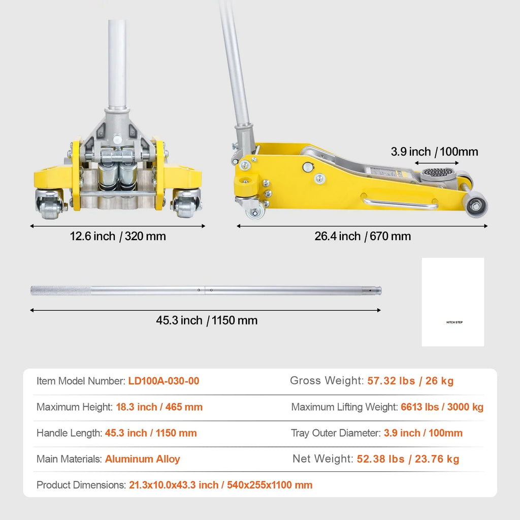 KFFKFF Low Profile Floor Jack, 3 Ton Capacity, Dual Piston Fast Lift, Hydraulic Auto Jack, 3.7"-18.3" Lift Height Range
