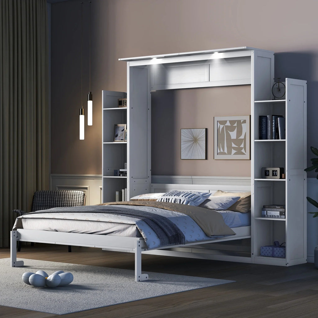 Harper & Bright Designs Full Size Murphy Bed with Shelves, Foldable Wall Bedframe w/Flexible Slats Support, Space-Saving Design, Can Be Folded Into Cabinet, White