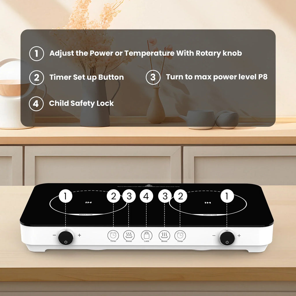 Advwin Double Induction Cooktop Burner, 1800W Portable Induction Cooktop with 8 Temperature & Power Levels, Timer, Child Lock, Independent 2 Burner Control, Ultra-Thin Design
