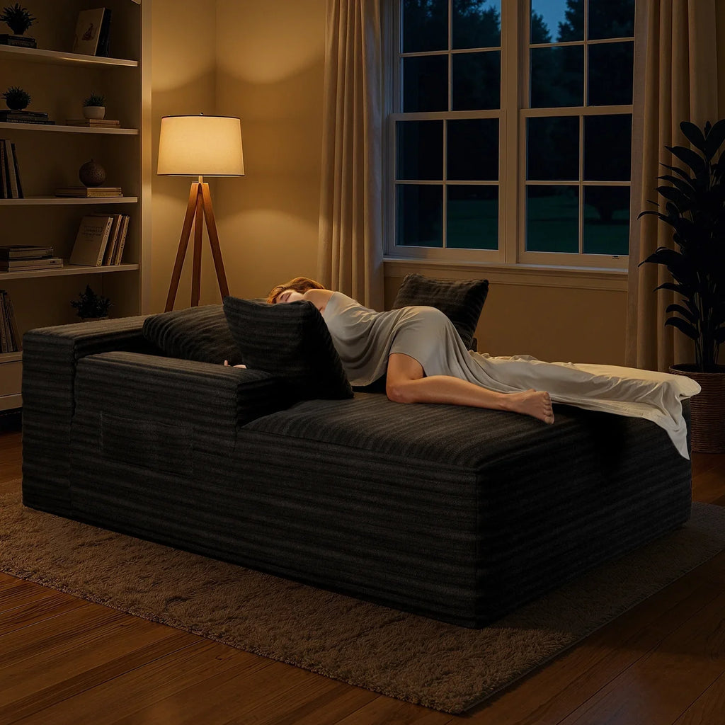 Lofka Oversized Chaise Lounge Indoor, 66"D Corduroy Upholstered Boneless Sofa Bed for Reading on Living Room & Bedroom, No Assembly Required (Beige)