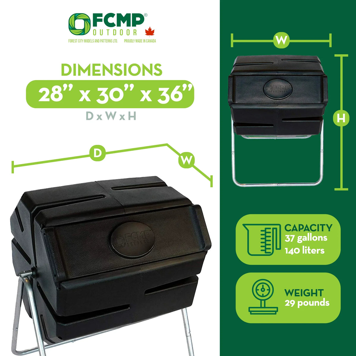 FCMP Outdoor 37 Gallon Single Chamber Roto Tumbling Compost Bin, Black