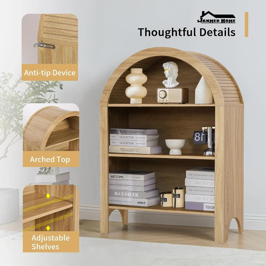 LEFHDA Small Kids Arched Bookshelf, Modern 3-Tier Open Bookshelf, Wood Freestanding Arched Bookcase with Adjustable Shelves, Covered Rounded Top Display Cabinet (Walnut)