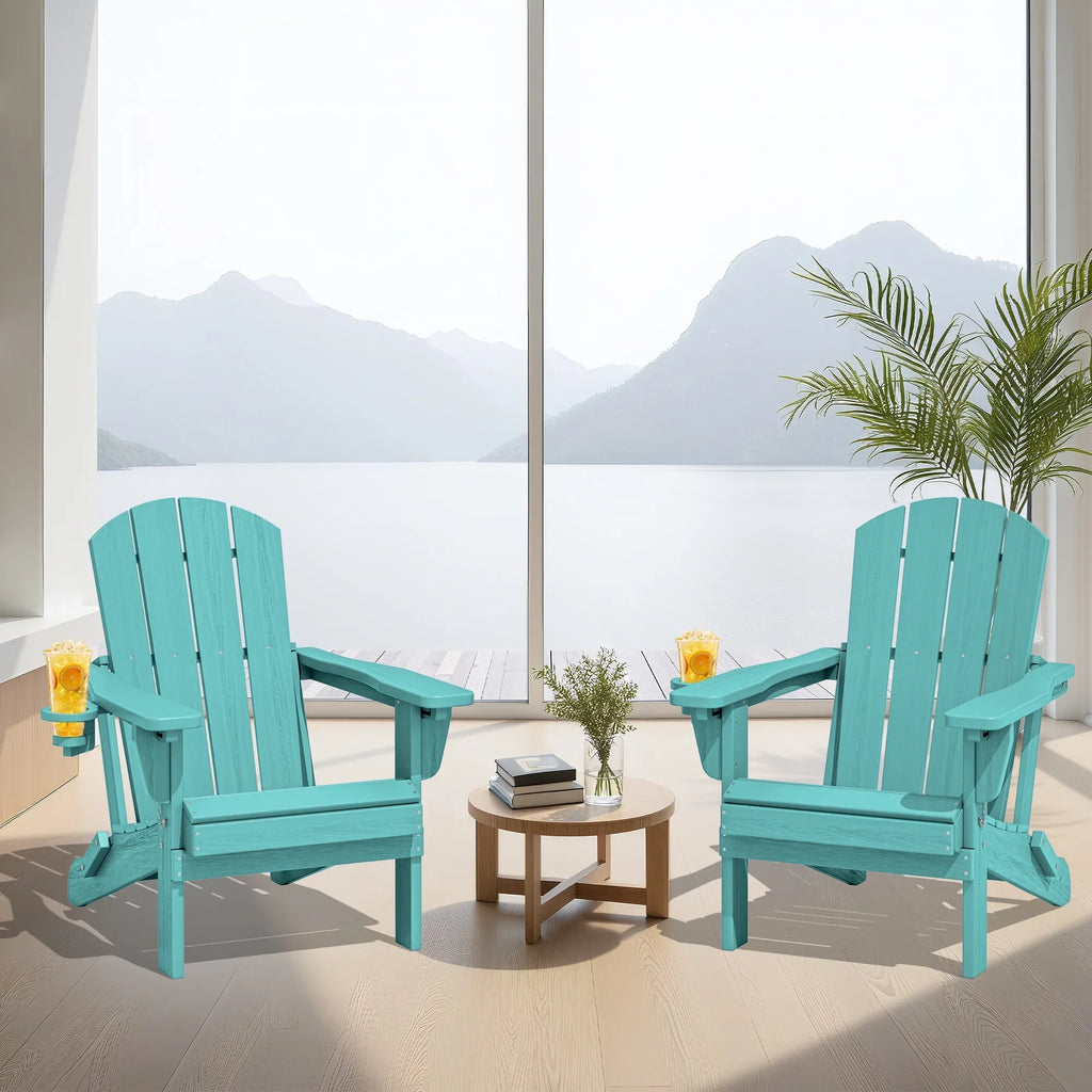 SERWALL Outdoor Adjustable Folding HDPE Adirondack Chairs Set of 2 with Cup Holder, Gray