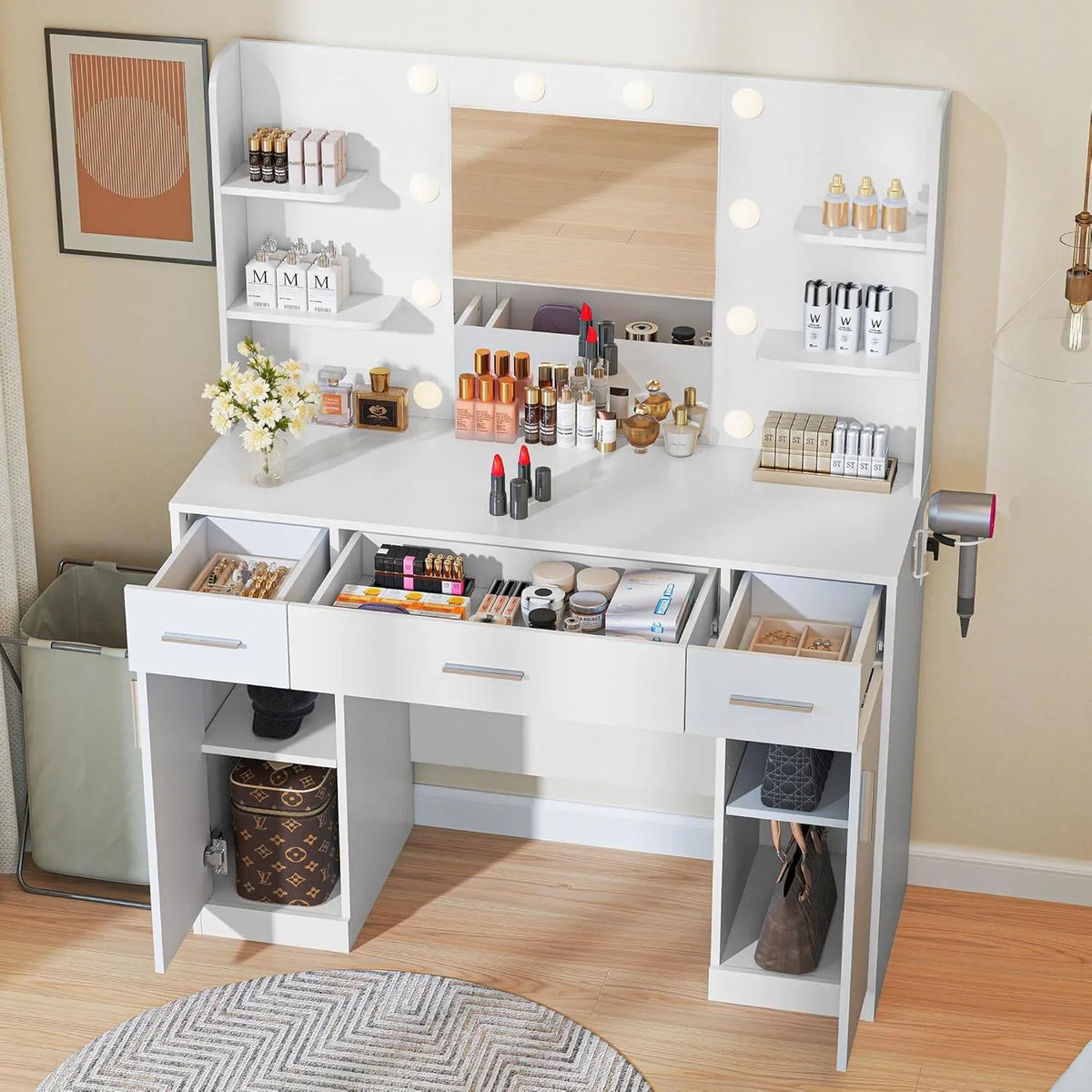 Blorly White Vanity Desk with Mirror, Makeup Vanity Table with LED Lights and Power Outlet, 3 Drawer, 4 Shelves, 1 Cabinet