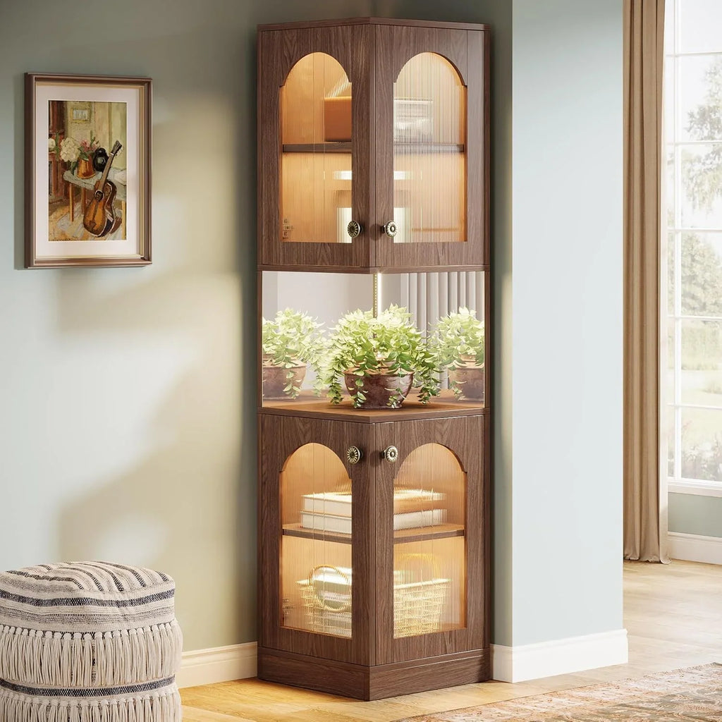 Tribesigns 78.7" Tall Corner Cabinet with LED Light, 5-Tier Corner Storage Cabinet with Doors and Mirrors for Living Room Kitchen Bedroom, Brown