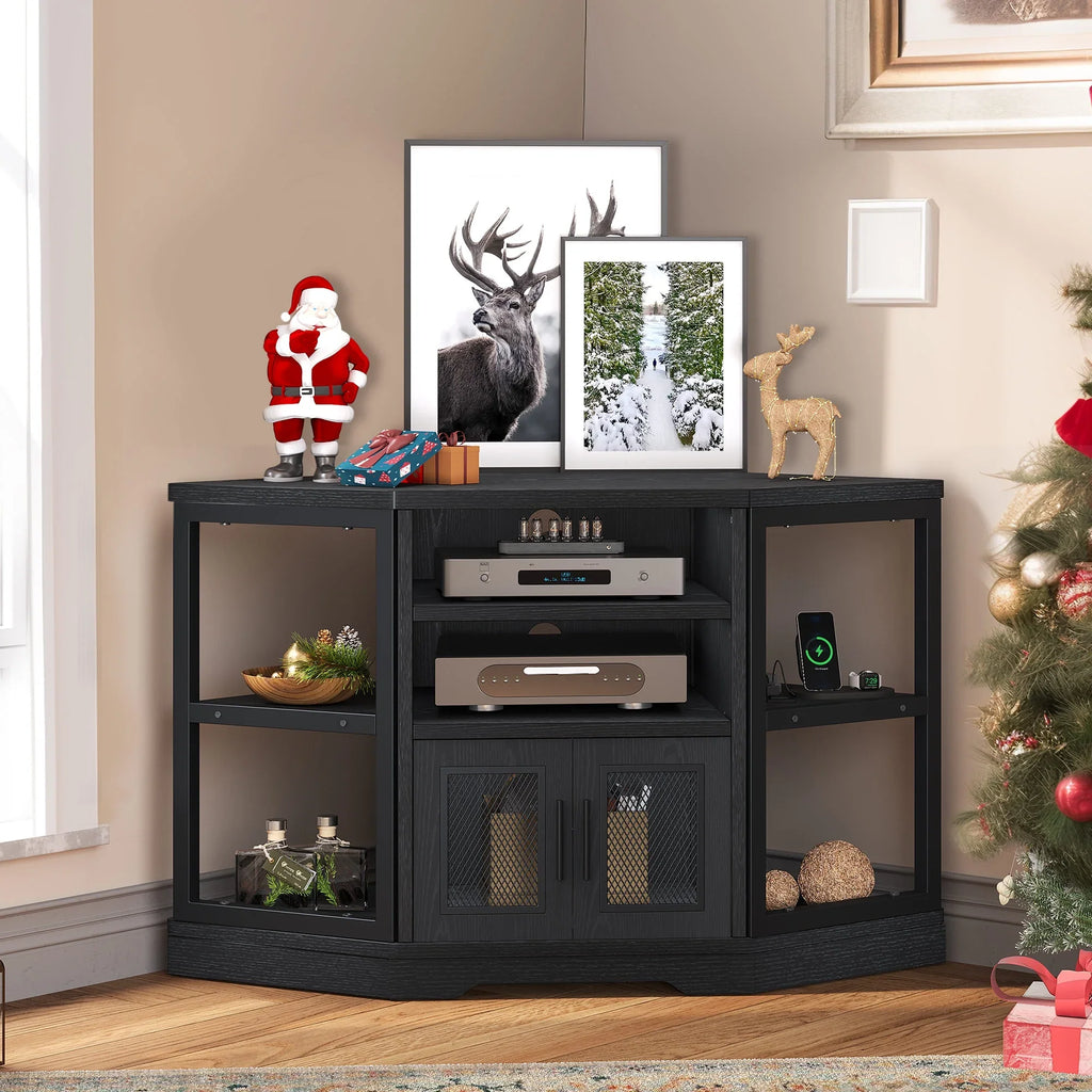 Dextrus Farmhouse Corner TV Stand for TVs up to 55 inch with Power Outlet, Wood Entertainment Center, TV Media Console with Storage, White Oak
