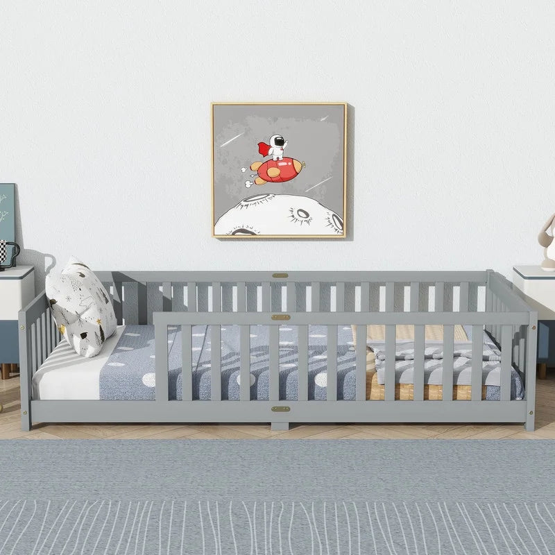 Bellemave Twin Size Floor Beds, Wood Montessori Bed with Fence Railings & Support Slats, No Box Spring Needed (Gray"