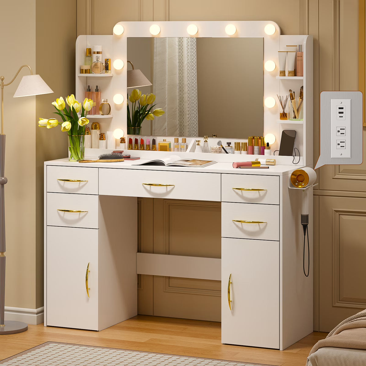 Tomnk woo White Makeup Vanity Desk with Large Mirror, Adjustable Lights, Storage Drawers & Power Outlets