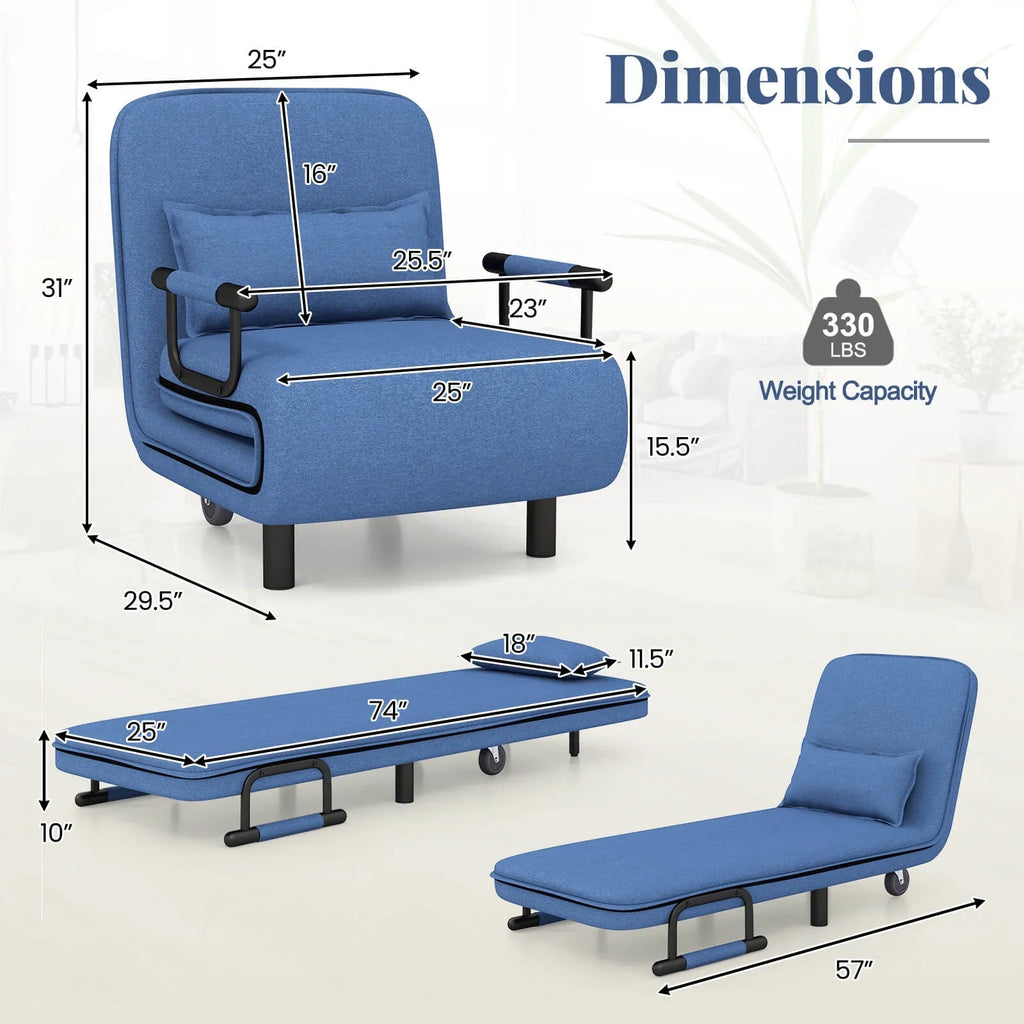 Costway 3-in-1 Convertible Sofa Bed with 5-Position Adjustable Backrest & Lumbar Pillow Brown