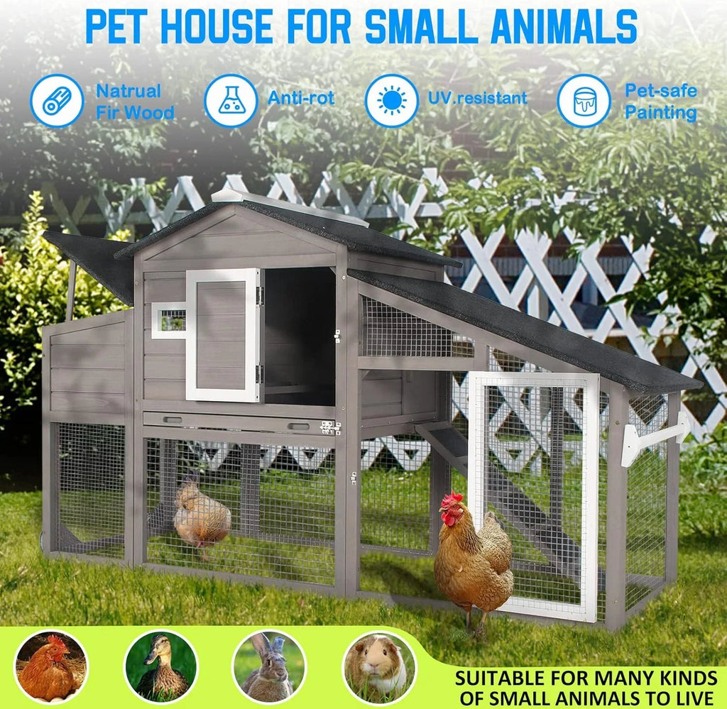 PETSCOSSET Chicken Coop with Run Large Wooden Chicken Tractor with Wheels Waterproof Outdoor Hen House Poultry Cage, Gray