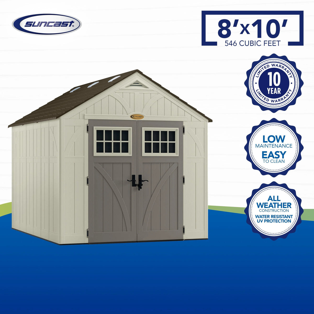 Suncast Metal and Resin Storage Shed, Vanilla, 8ft x 10ft, 547 Cu. ft. coverage area