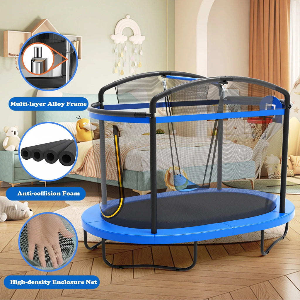 Seizeen 6FT Trampoline for Kids, 3-IN-1 Rectangular Outdoor/Indoor Trampoline with Enclosure, Basketball Hoop, Swing