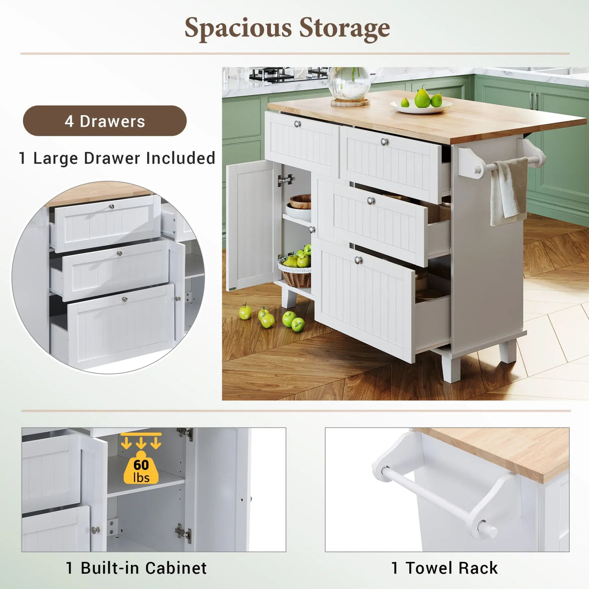 Kitchen Island with Storage, Portable Kitchen Island on Wheels with Drop-Leaf and 2 Stools, Built-in 4 Drawers and Towel Rack, Rolling Kitchen Island Cart for Home, Kitchen and Dining Room, White