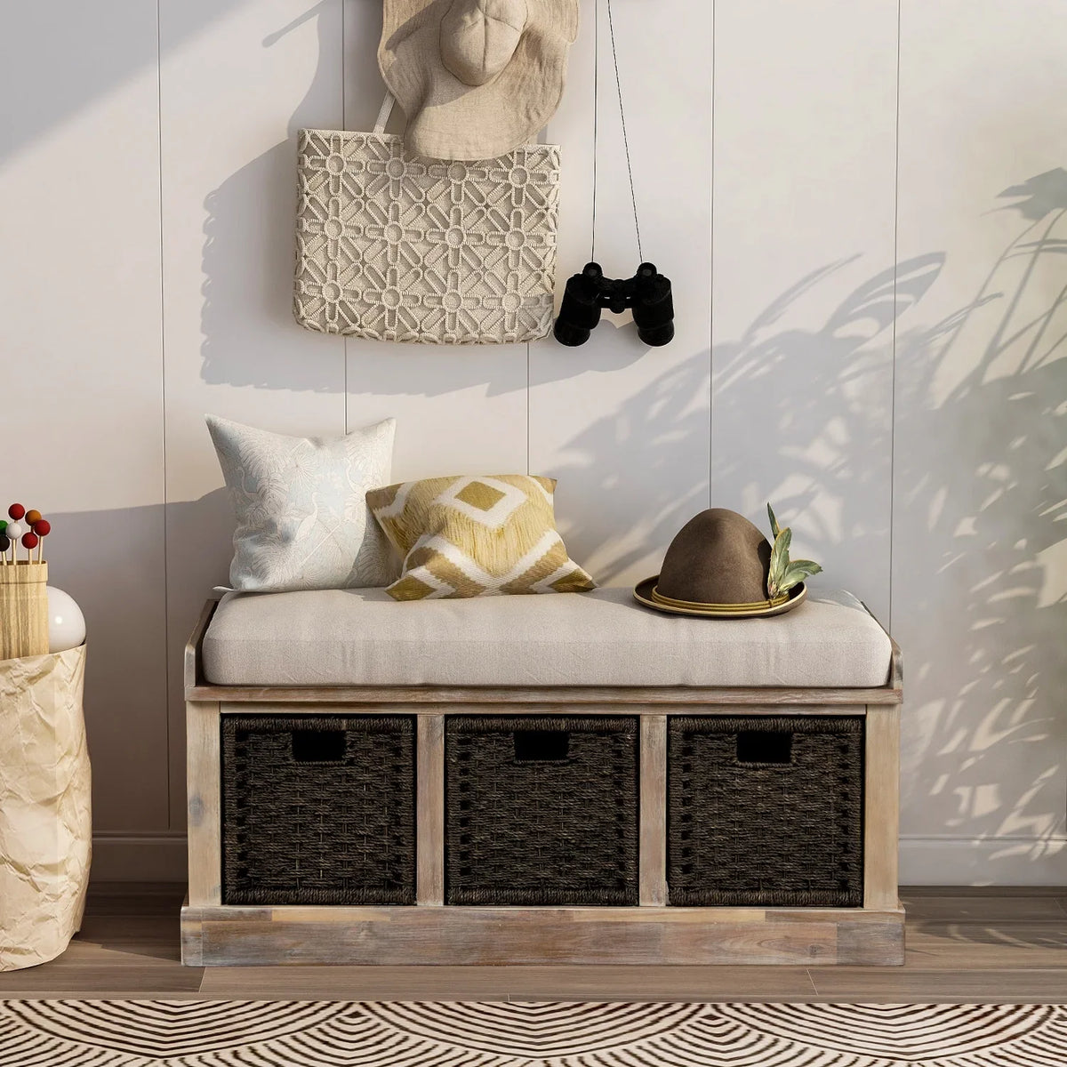 Entryway Storage Bench with 3 Woven Baskets and Removable Cushion, Entry Hallway Foyer Shoe Bench End of Bed Bench, Fully Assembled, 41.3" L x 15.7" W x 17" H (White Washed)