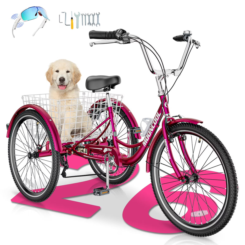 MOONCOOL Adult Tricycles with Rear Basket & Inflator, 24 26 inch 7 Speed 3 Wheel Bikes, Three-Wheeled Bicycles Adult Trike with Backrest for Seniors, Women, Men