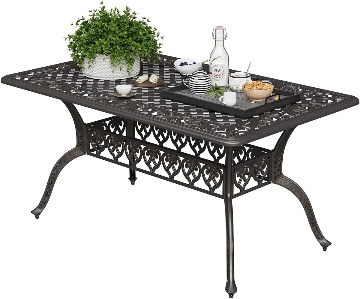 59.06" Cast Aluminum Outdoor Dining Table for 6� People, Rust-Resistant All-Weather Metal Patio Table with 2" Umbrella Hole, Heavy-Duty Garden Furniture for Deck, Backyard, Dark Bronze, Only Desk