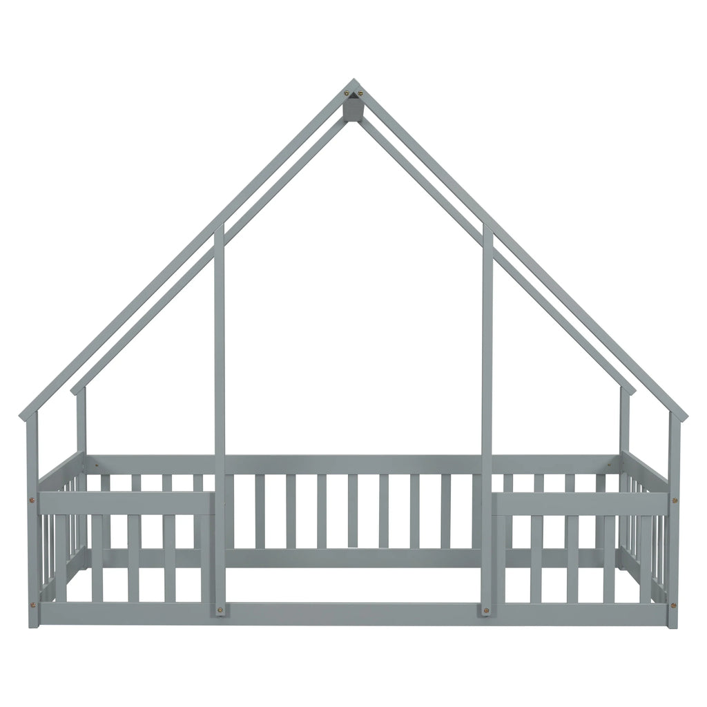 Bellemave Twin Size Floor Bed Frame, Wooden House Bed Twin Size with Fence, Montessori Bed with Guardrails for Bedroom (White)
