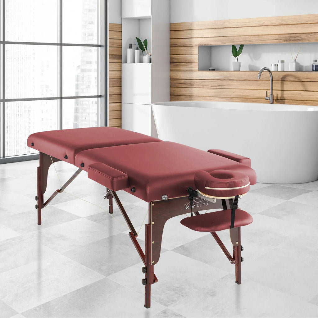 Saloniture Professional Portable Lightweight Bi-Fold Memory Foam Massage Table with Reiki Panels - Includes Headrest, Face Cradle, Armrests and Carrying Case - Burgundy