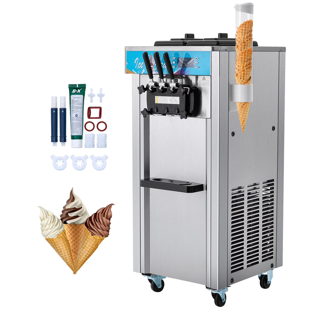 KFFKFF 3-Flavor Commercial Ice Cream Machine 21-31 L/H Soft Serve Ice Cream Maker 2 5.5L*2 Cylinder LED Panel and Auto Clean
