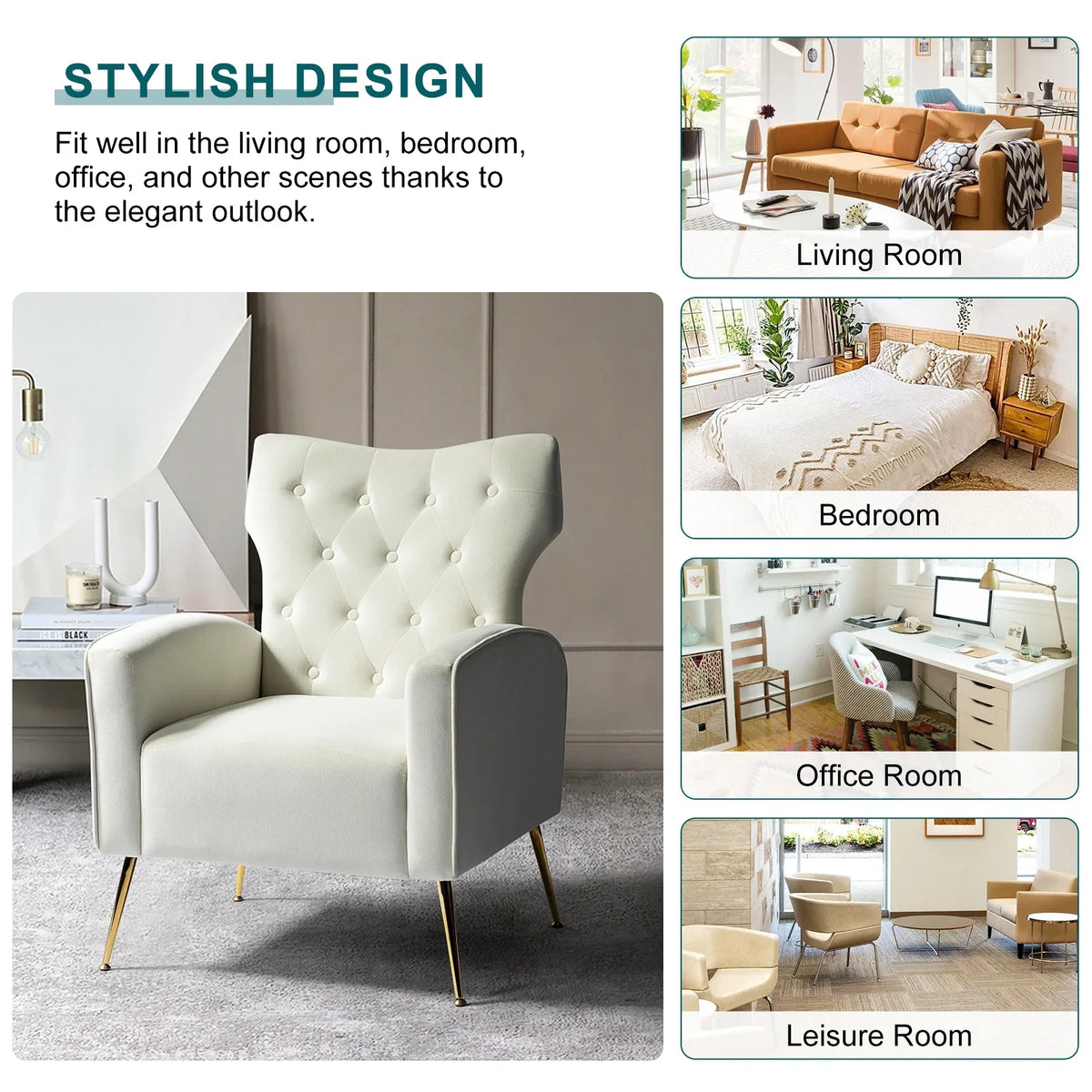 Modern Velvet Accent Chair Upholstered Sofa Armchair Button Tufted Metal Legs Adult Bedroom Home Living Room Grey