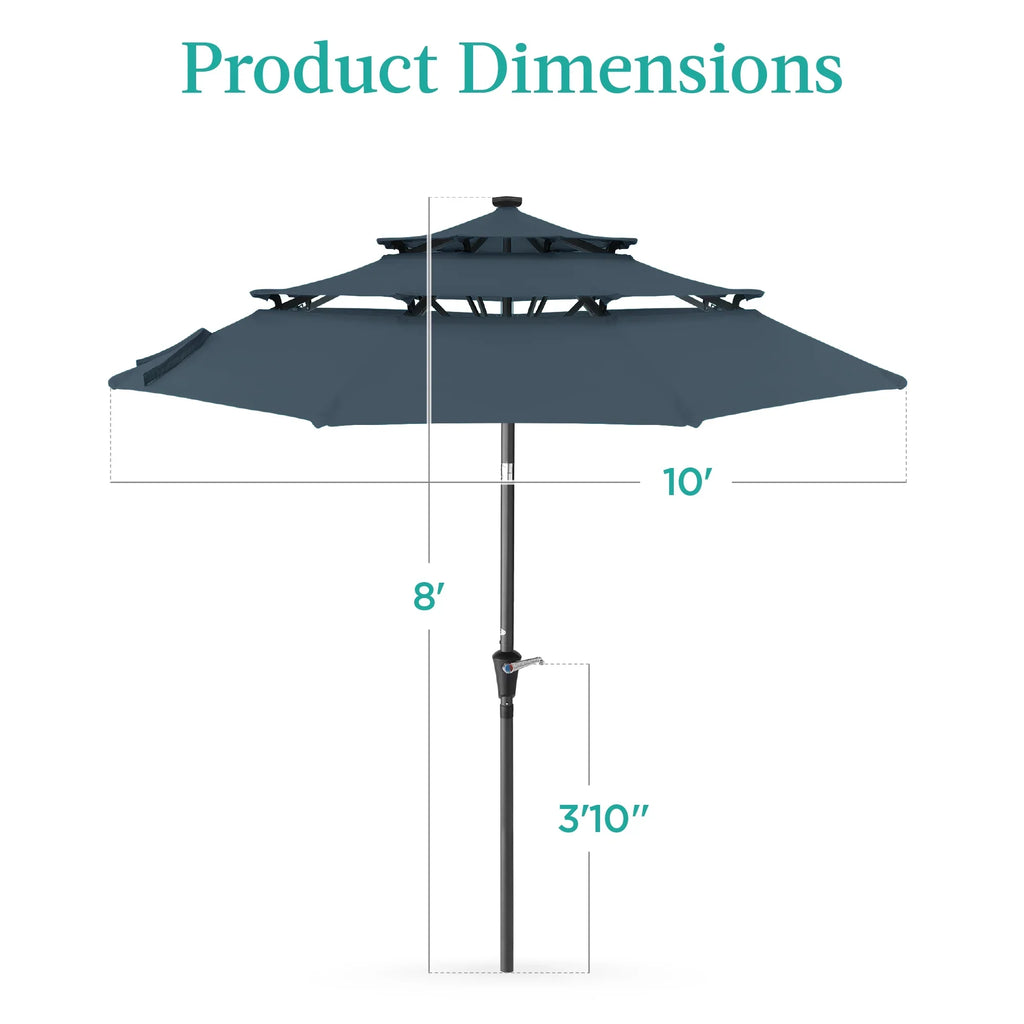 Best Choice Products 10ft 3-Tier Solar Patio Umbrella w/ 24 LED Lights, Tilt Adjustment, Easy Crank - Tan