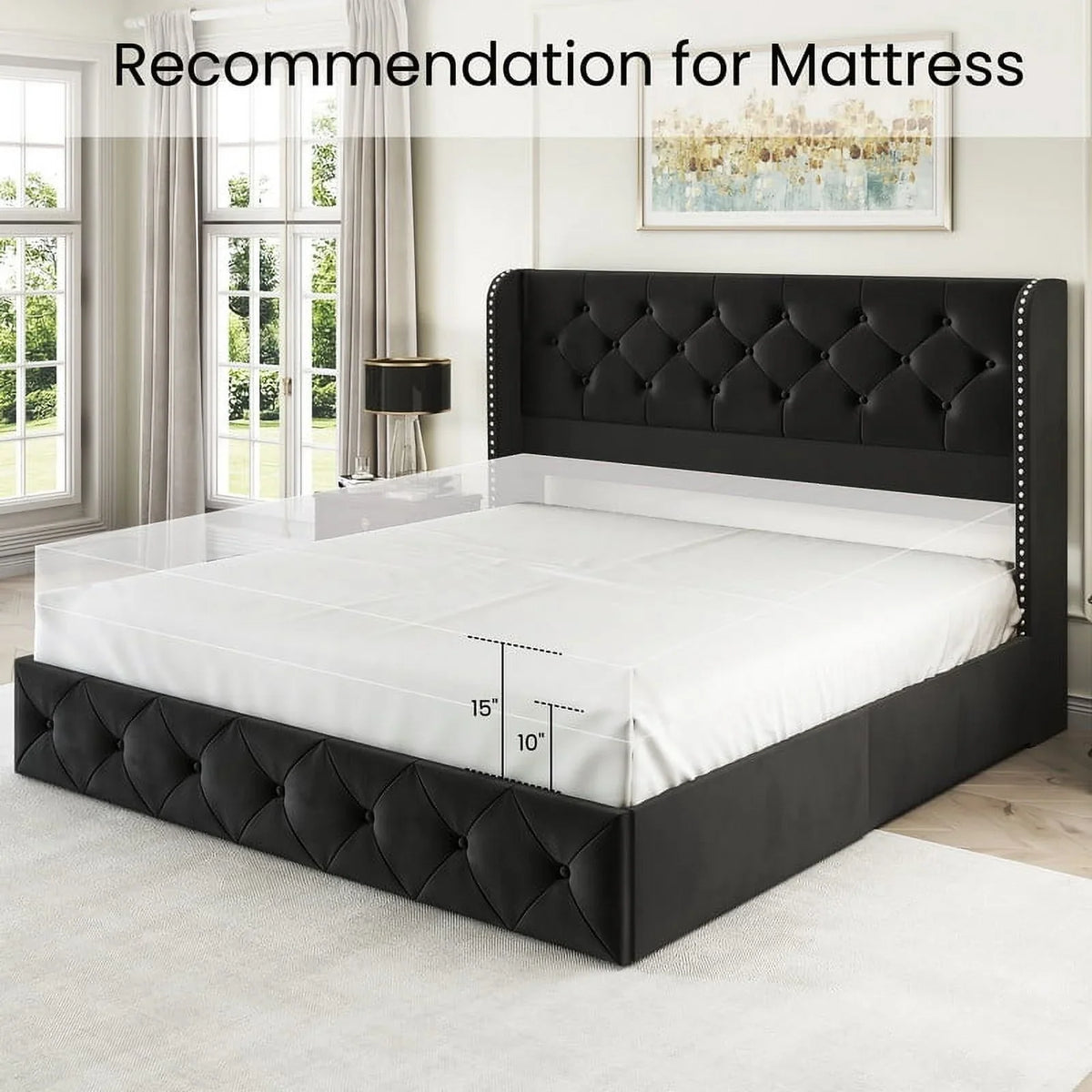 LARMACE Queen Size Platform Bed Frame with 4 Storage Drawers and Tufted Headboard Linen Upholstered Bed Wingback Bed Frame with Wooden Slats Support, Easy Assembly, Light Grey