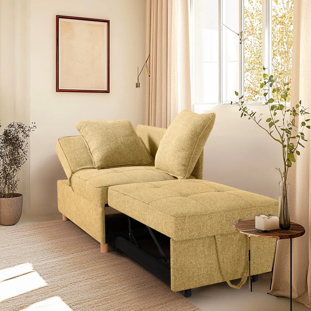 SEJOV 4-in-1 Convertible Sleeper Chair Bed, Linen Sofa Bed for Small Space, Futon Sofa with 2 Throw Pillows for Living Room, Single Recliner with 5 Adjustable Backrest for Bedroom Apartment, Brown
