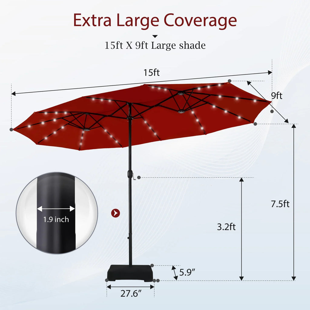 Alpha Joy 15ft Extra Large Outdoor Patio Double-Sided Umbrella with LED Solar Lights & Umbrella Base, Beige