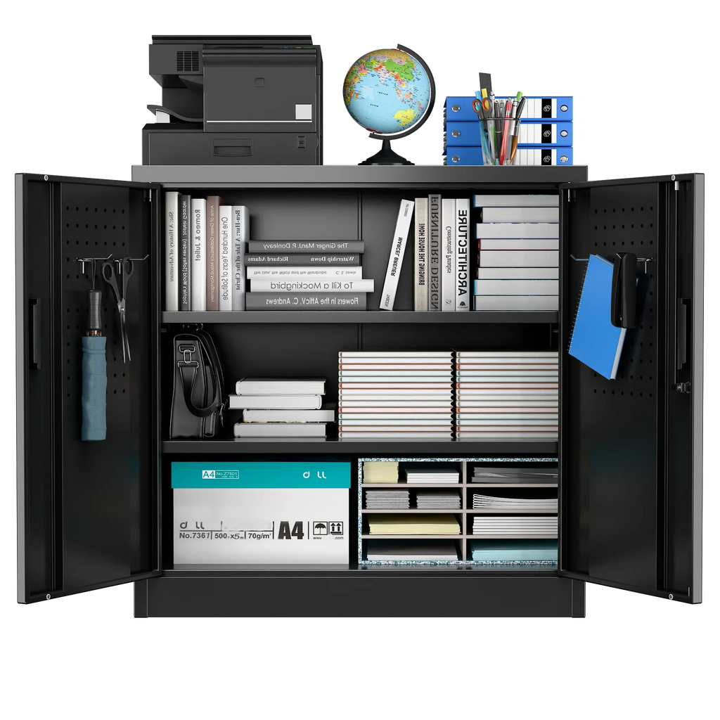 GAEANET 2 Door Metal Storage Cabinet with 5 Adjustable Shelves &Pegboard, 71" H"32" W"16" D Locking Steel Garage Cabinet, for Garage,Office,Home,Gym,School, File Cabinet,Assembly Required, Black