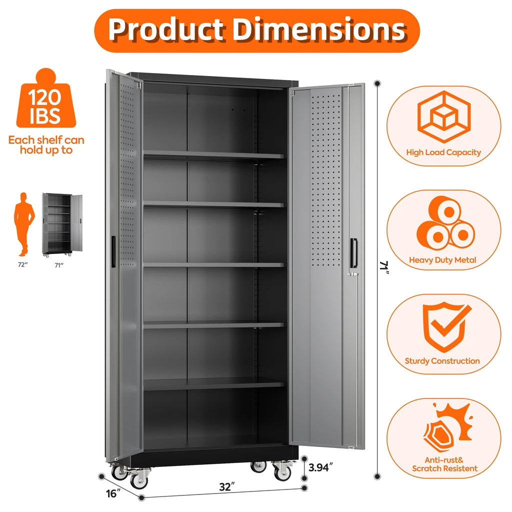 GangMei 71 inches Tall Metal Rolling Garage Storage Cabinets with Locking Doors and 5 Adjustable Shelves, Metal Storage Cabinet for Garage, Office, Home, Classroom, Assemble Required(Black)