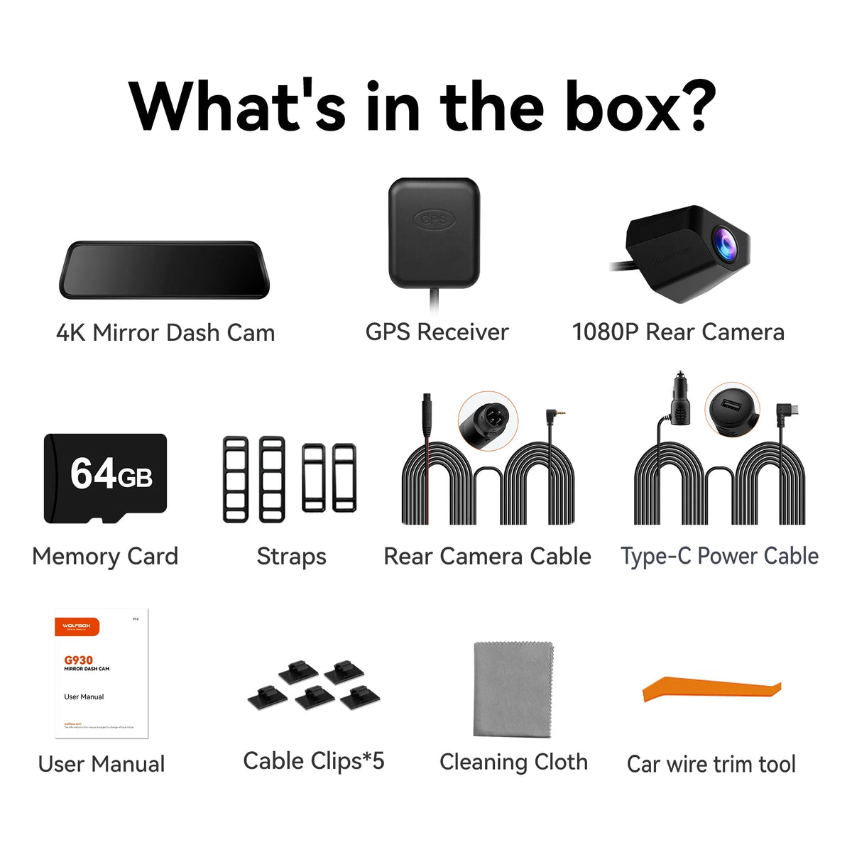 WolfBox 10" Touch Screen Dash Cam Front and Rear, 4K+1080P Rear View Mirror Backup Car Camera with Night Vision, GPS, Free 64GB Card