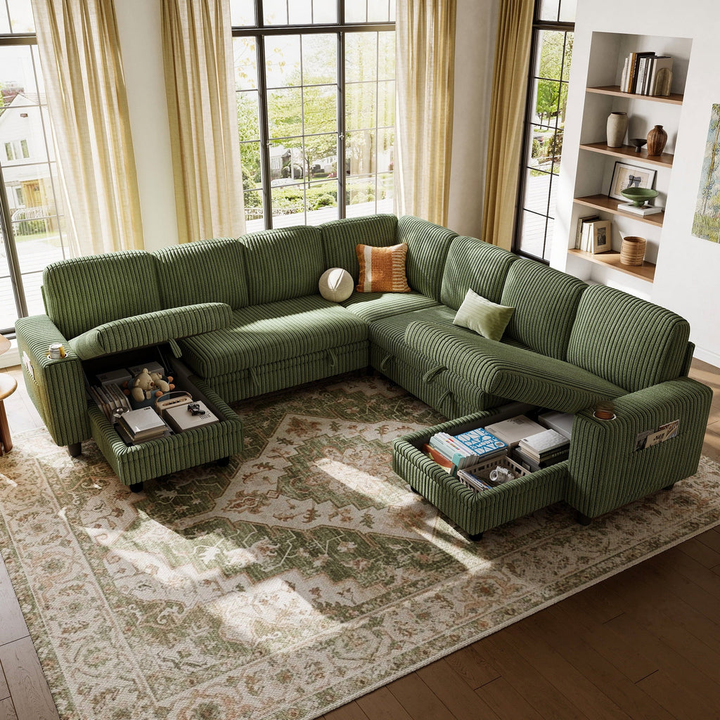 Linsy Home Storage Sectional Sleeper Sofa with Pull Out Bed, 9 Seat Modular Sectional Sofa with with USB & Cup Holder, Plush Corduroy Sectional Couches for Living Room, Green
